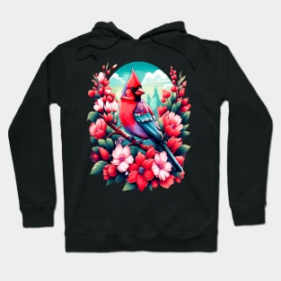 Cute Northern Cardinal Surrounded by Vibrant Spring Flowers Hoodie